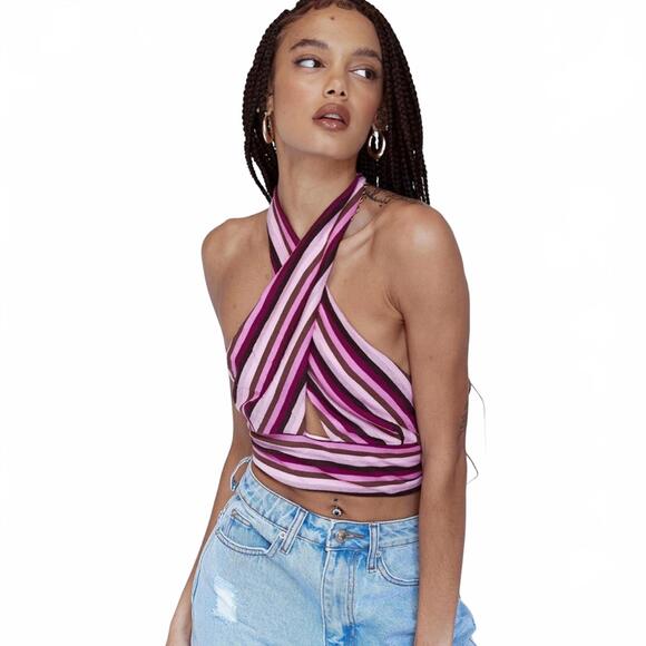 Princess Polly Tops - Princess Polly Purple Striped “Heartwood” Criss Cross Halter Crop Top- Size 6